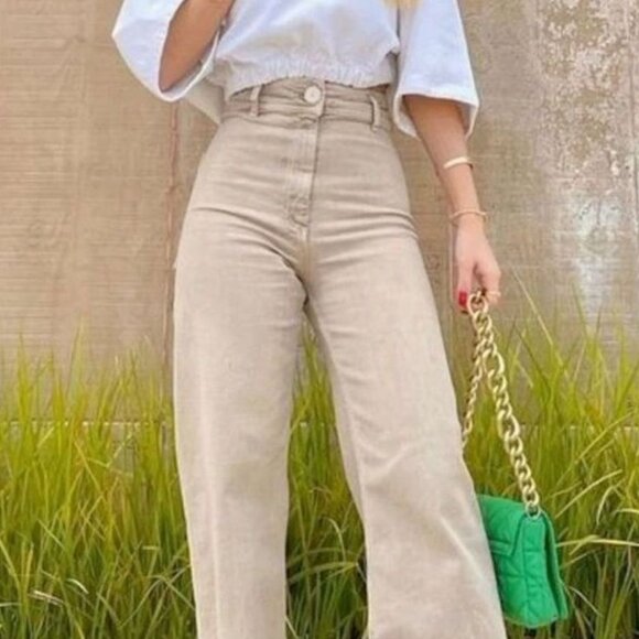 Zara Marine Wide-Leg Jeans - Tan - Size 10 - Picture 5 of 12